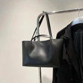 Minimalist black leather tote bag with dual straps for shoulder and hand carry - Without Pendant / Black