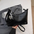 Minimalist black lychee texture shoulder bag with heart pendant and bow detail - Black (With Charm)