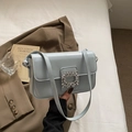 Light blue patent leather shoulder bag with a square rhinestone buckle for women - Blue