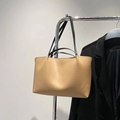 Minimalist khaki leather tote bag with contrasting black straps for office commute - Without Pendant / Khaki