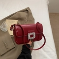 Red patent leather baguette bag with large square crystal buckle and shoulder strap - Burgundy