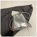 Silver metallic drawstring bucket bag with bow detail and thin shoulder strap - Silver (No Pendant)