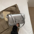 Silver metallic crossbody bag with rectangular shape and sparkly rhinestone buckle - Silver