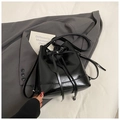 Glossy black PU leather drawstring bucket bag with dual-purpose shoulder straps - Black (Without Charm)