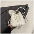 Minimalist white PU leather bucket bag with elegant bow drawstring and silver metal detail - White (Without Charm)