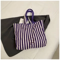 Borsa tote in tela a righe viola e bianche con ricamo a forma di cagnolino - Viola
