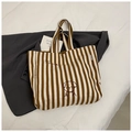 Borsa tote in tela a righe con cucciolo ricamato e doppi manici per l'uso quotidiano - Marrone