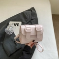 Fashionable light pink PU leather satchel bag with double square buckles and slim strap - Light Pink