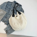 Off-white knit tote bag with black leather straps and crochet texture for women - White