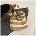 Bolso tote de tejido vintage con rayas beige y caramelo y correa marrón ajustable - Albaricoque