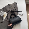 Chic black lychee grain Boston handbag with silver hardware and adjustable strap - No Pendant / Black