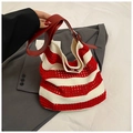 Bolso de punto a rayas rojas y blancas con correa de cuero de estilo vintage - Rojo