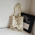 Borsa tote floreale in tela con volant e ricami in beige con fiori viola chiaro - Fiori Verdi