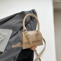 Beige lychee pattern mini crossbody bag with top handle and fashion logo detail - Khaki