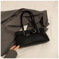 Chic black litchi pattern faux leather underarm bag with silver buckle and rings - Black without Pendant