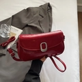 Fashionable red patent leather shoulder bag with vintage texture and silver oval buckle - Burgundy