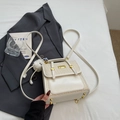 White mini PU leather backpack with woven texture trim and cute plush ball charm - Cream White with Pendant