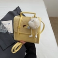 Fashionable yellow embossed square handbag with crocodile texture and plush charm - Yellow with Pendant