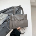 Minimalist dark grey lychee pattern leather square handbag with top handles and shoulder strap - Gray