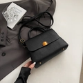 Minimalist black lychee texture handbag with gold hardware and crossbody strap - Black