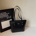 Minimalist black glossy leather tote bag with long shoulder straps for daily commuting - Black (Without Charm)