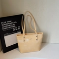 Minimalist beige large capacity tote bag with silver rivets and MIKAXIQI logo print - Yellow (No Pendant)