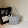 Light gray blue large tote bag with vintage leather texture and dual shoulder straps - Blue (Without Charm)