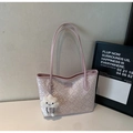 Detail view of pink tote bag with white geometric patterns and cute plush cloud pendant - Purple with Pendant