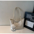 Detail of beige tote bag with geometric patterns and a cute cloud plush charm - Cream White with Pendant