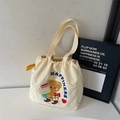 Borsa tote in tela beige con ricamo di orsetto e scritta Happiness blu di tendenza - Stile 1 Bianco Riso (HAPPINESS)