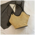 Sac fourre-tout en paille tissée avec poignées et finitions en cuir noir contrastant - Noir