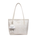 Retro beige tote bag with geometric pattern and white cloud plush charm detail - Off-White With Charm