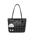 Large black tote bag with silver geometric patterns and a plush cloud charm for women - Black With Charm