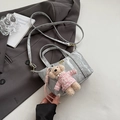 Mini silver marble tote bag with pink teddy bear charm and adjustable shoulder strap - Silver with Charm
