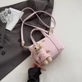 Pink marble pattern mini tote bag with cute bear charm and adjustable shoulder strap - Pink With Pendant