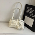 Chic cream white PU shoulder bag with vintage wavy edges and pearl heart pendant - Cream White with Pendant