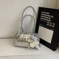 Silver metallic leather shoulder bag with white lace bow and heart pearl pendant detail - Silver with Charm