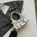 Silver metallic cloud bag with faux pearl chain and leather shoulder strap for women - Silver