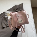 Pink faux leather shell bag with pleated closure and silver chain strap for women - Pink