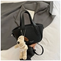 Mini bolso cubo de cuero lichi negro con colgante de perro de peluche y bandolera - Negro (Con Colgante De Peluche)