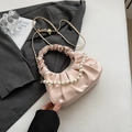 Pink pleated cloud handbag with pearl handle and gold chain strap for women - Pink