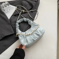 Light blue pleated cloud bag with pearl handle and chain strap for women - Blue