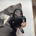 Chic black litchi leather cylinder bag with teddy charm and silk scarf wrap - With Pendant / Black