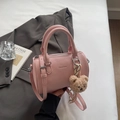 Pink lychee grain leather Boston bag with plush bear charm and adjustable strap - With Pendant / Pink