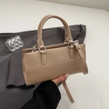 Minimalist beige synthetic leather tote bag with silver hardware and shoulder strap - Khaki (Without Charm)