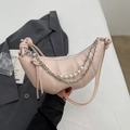 Pale pink crescent moon bag with quilted design and elegant pearl silver chain strap - Pink