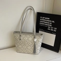 Borsa tote jacquard retrò grigia e bianca con manici in pelle e ciondolo a nappa in seta - Grigio