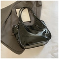Glossy black oil wax leather tote bag with large capacity for school and commute - Black without Pendant