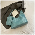 Retro blue washed leather tote bag set with matching small zipper pouch for women - Lake Blue