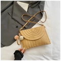 Light beige straw envelope shoulder bag with woven flap and colorful pompom charm - Khaki